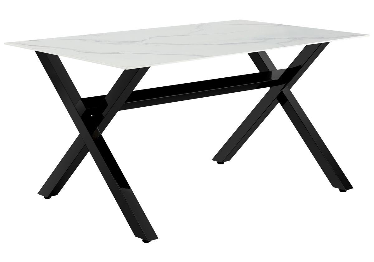 Table à manger marbre blanc pieds X noirs - Cross