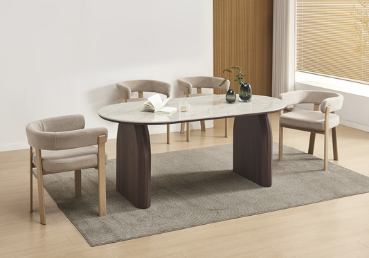 Table à manger ovale marbre beige et noyer - Nael