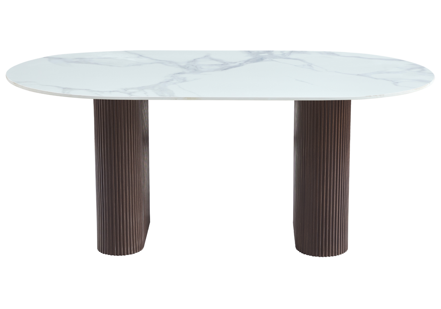 Table à manger ovale effet marbre blanc pieds noyer - Serena