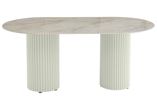 Table à manger ovale marbre brun et pieds beige - Tivoli