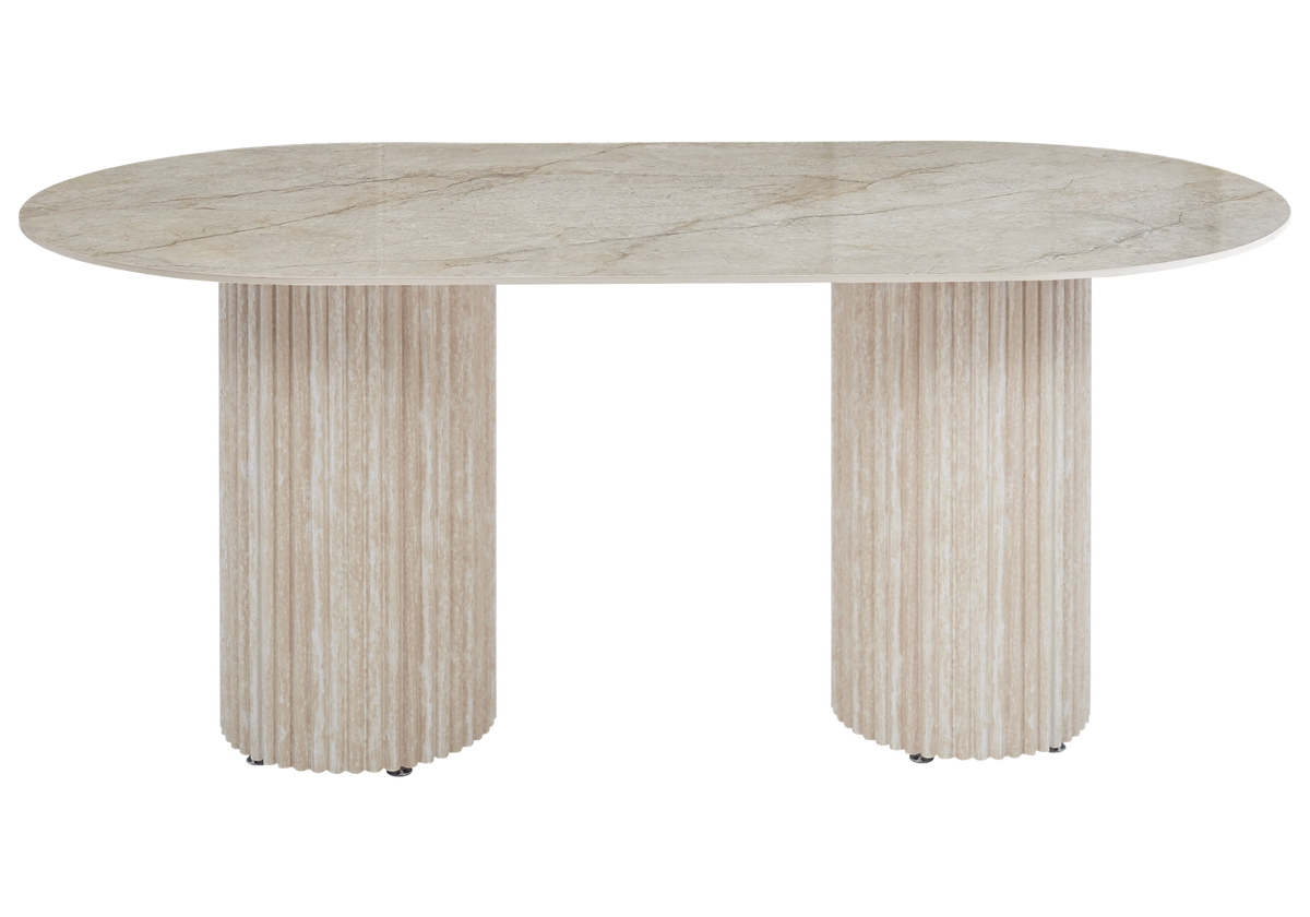 Table à manger ovale marbre brun et pieds travertin - Tivoli
