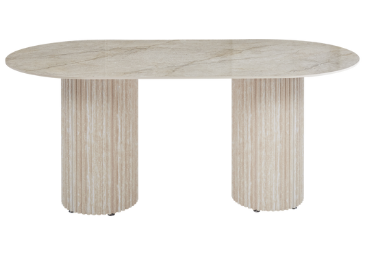 Table à manger ovale marbre brun et pieds travertin – Tivoli