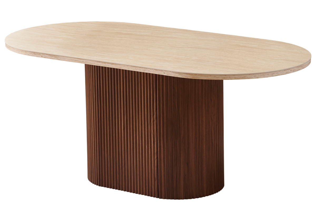 Table à manger ovale travertin noyer Japandi - Akira