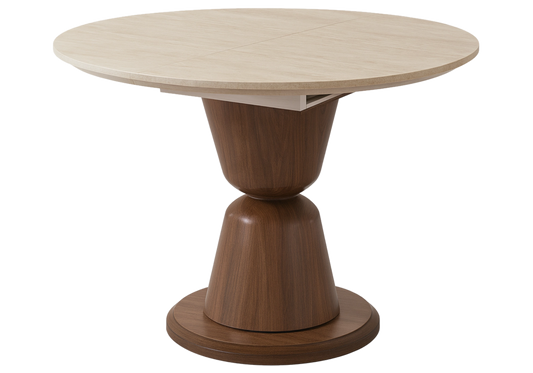 Ensemble table ronde extensible noyer travertin et chaises cannage - PIETRA