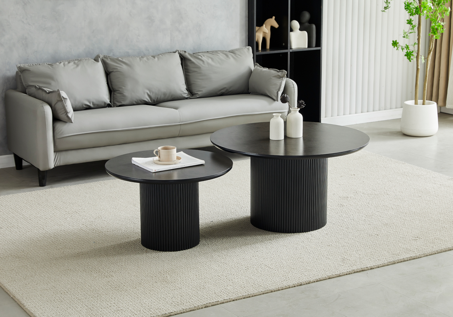 Table basse gigogne céramique noire cannelée – Kara
