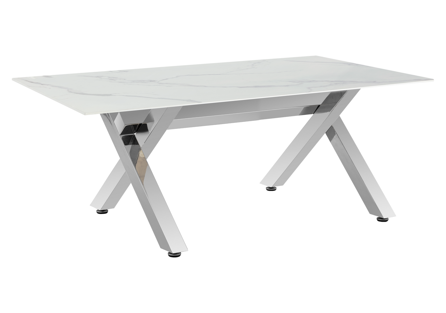 Salle à manger marbre blanc pieds X argent – Cross
