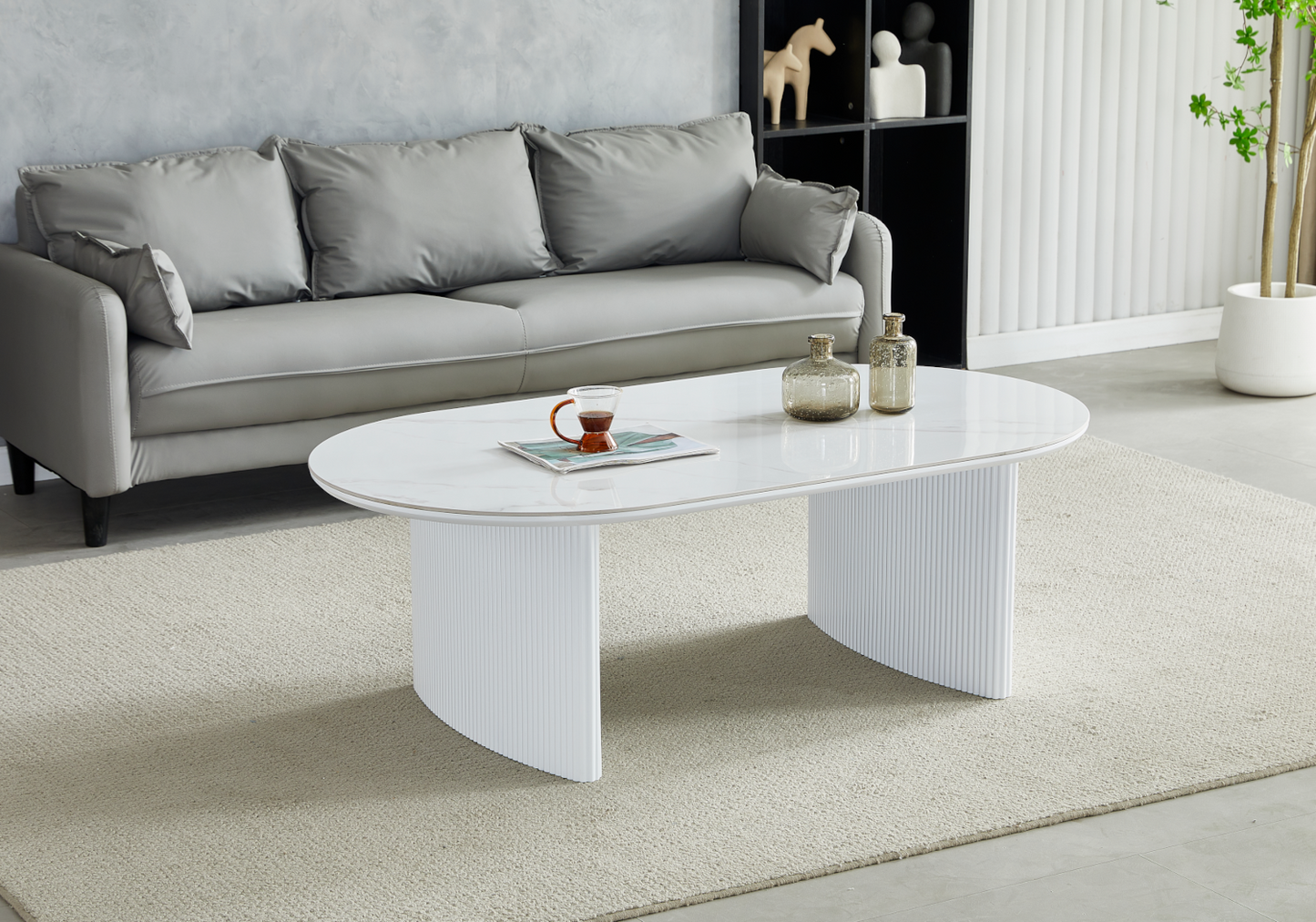 Table basse ovale marbre blanc cannelée – Kara