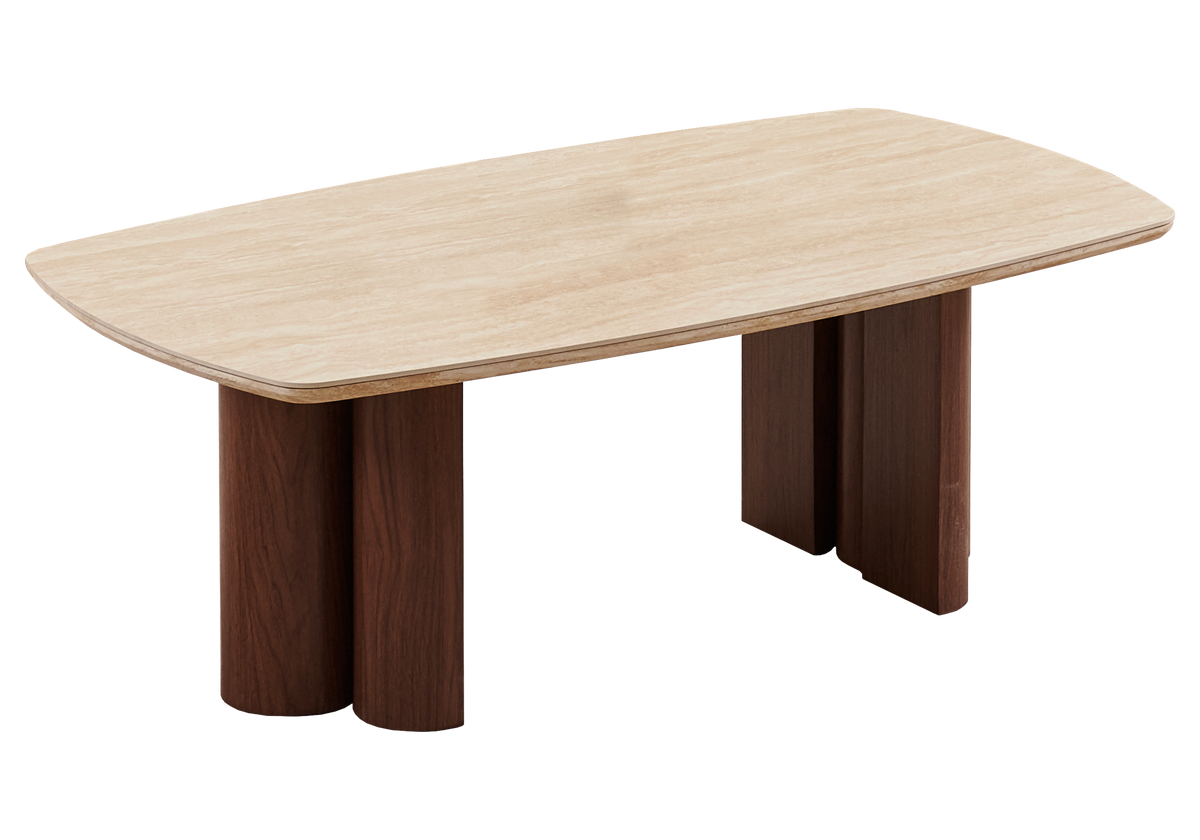 Table basse ovale travertin et noyer - Doria