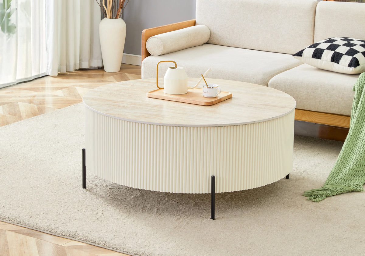 Table basse ronde travertin pied cannelé beige - Lira