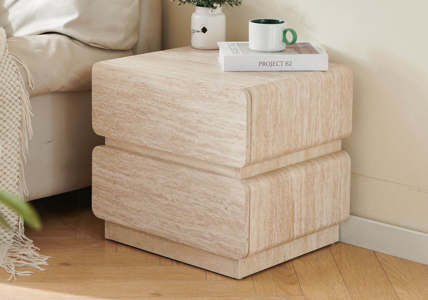 Table de chevet arrondie effet travertin – Duna