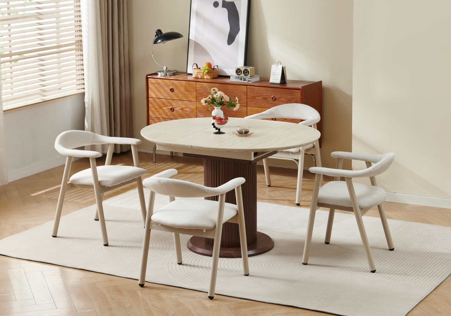 Table à manger extensible ronde travertin noyer - Leon
