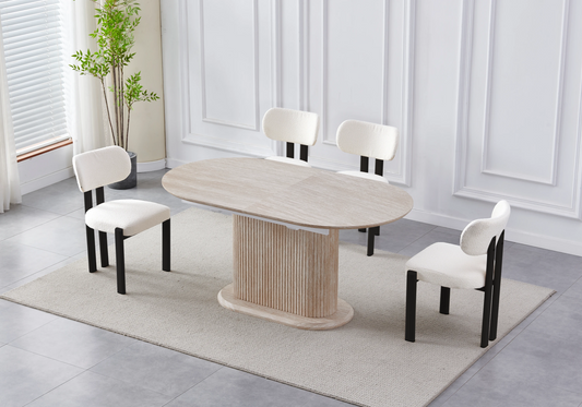 Table extensible travertin et chaises beiges pieds noirs – INAYA