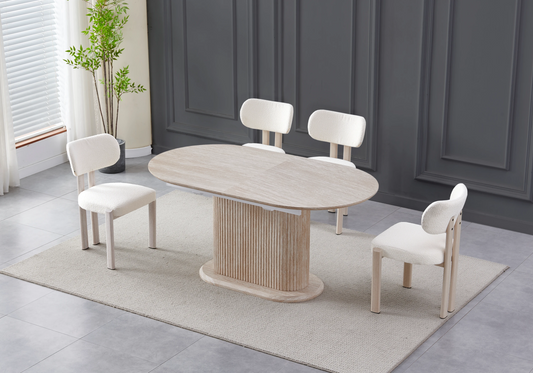 Table extensible travertin et chaises bouclées beiges – INAYA