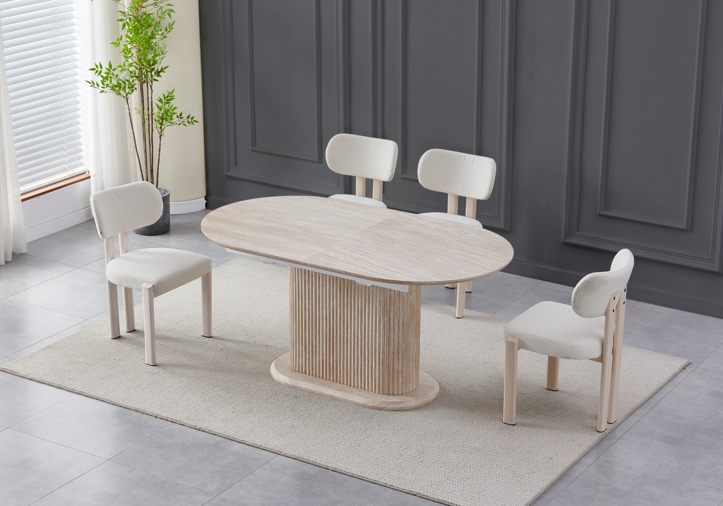 Table extensible travertin et chaises bouclées taupe – INAYA