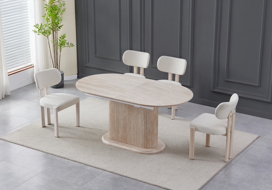 Table extensible travertin et chaises bouclées taupe – INAYA