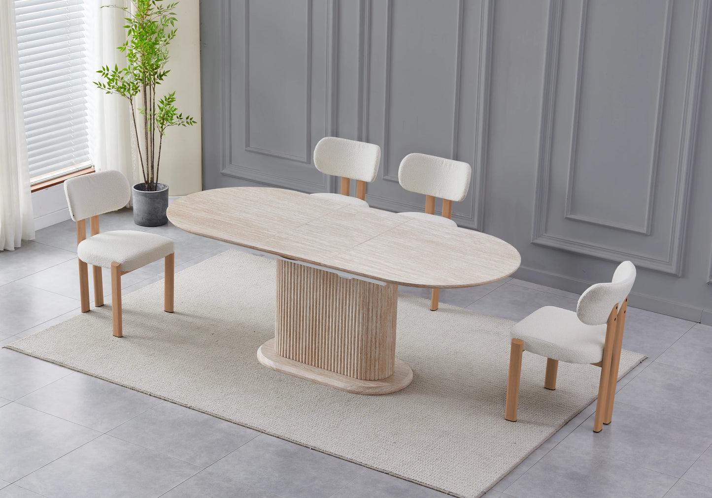Table extensible travertin et chaises taupe pieds bois – INAYA