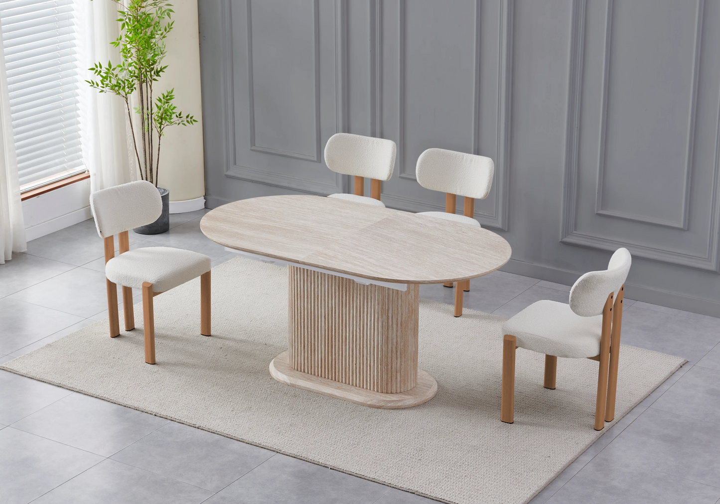 Table extensible travertin et chaises taupe pieds bois – INAYA