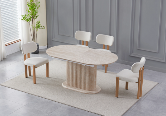 Table extensible travertin et chaises taupe pieds bois – INAYA
