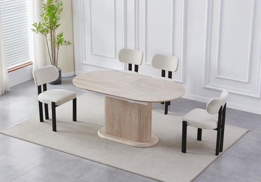 Table extensible travertin et chaises taupe pieds noirs – INAYA