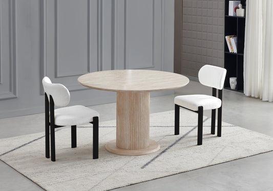 Table ronde travertin et chaises beiges pieds noirs – INAYA