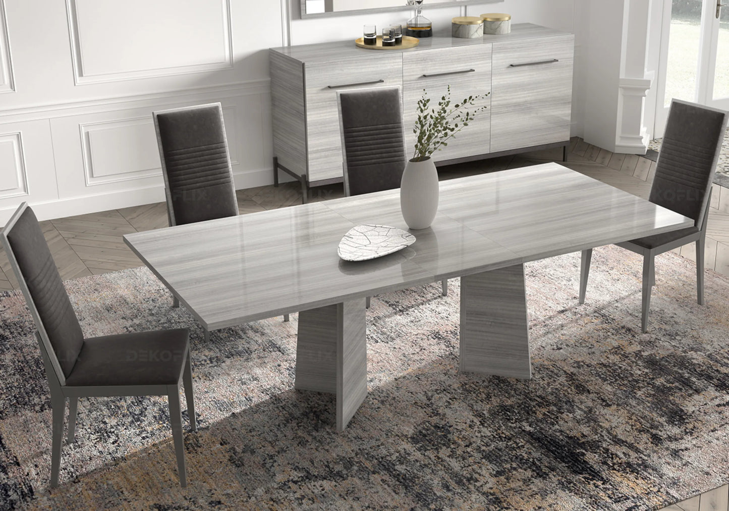 Table à Manger Gris Argent, Élégance Sculpturale - Collection Mia - DEKOFLIX
