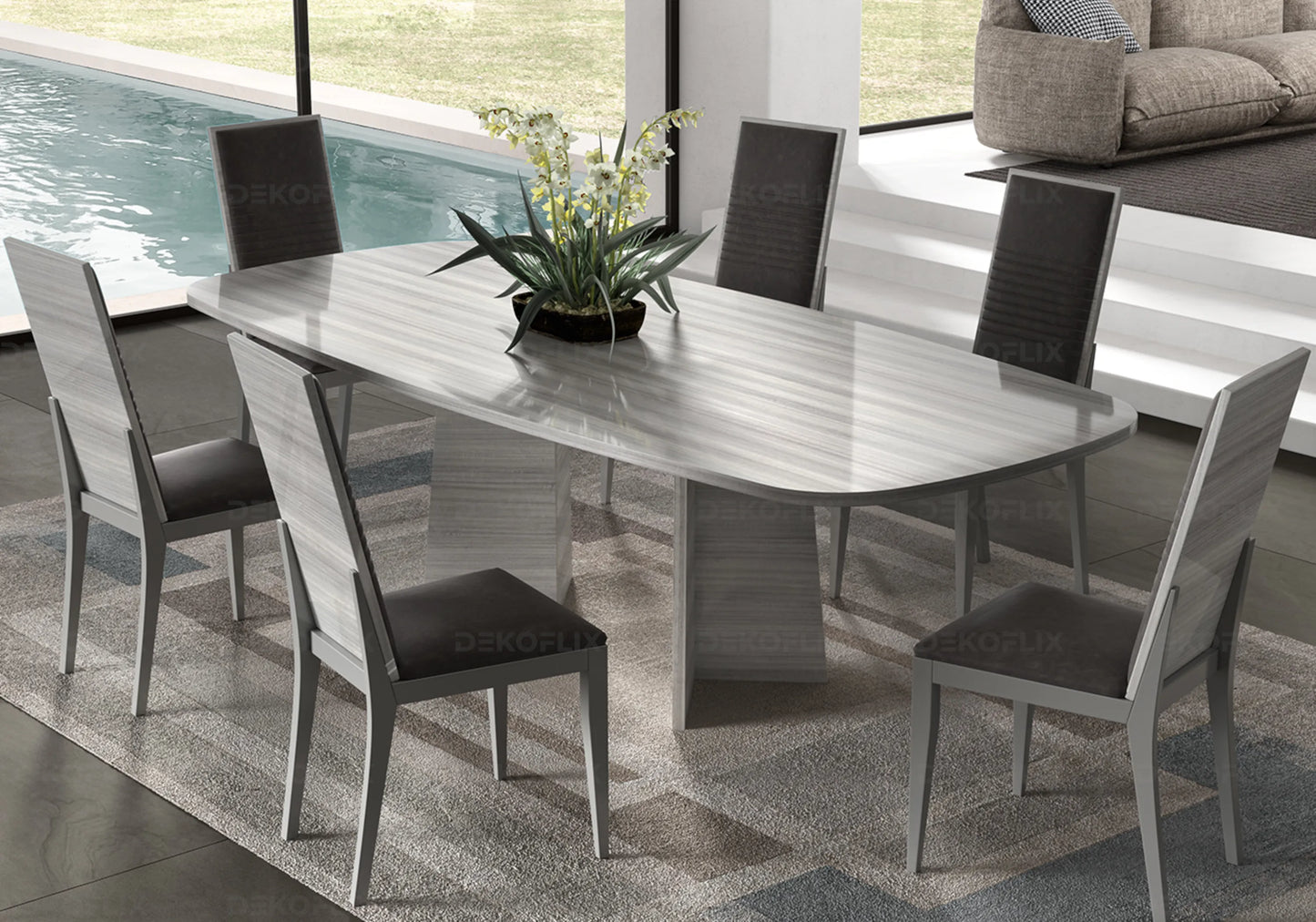 Table à Manger Gris Argent, Élégance Sculpturale - Collection Mia - DEKOFLIX