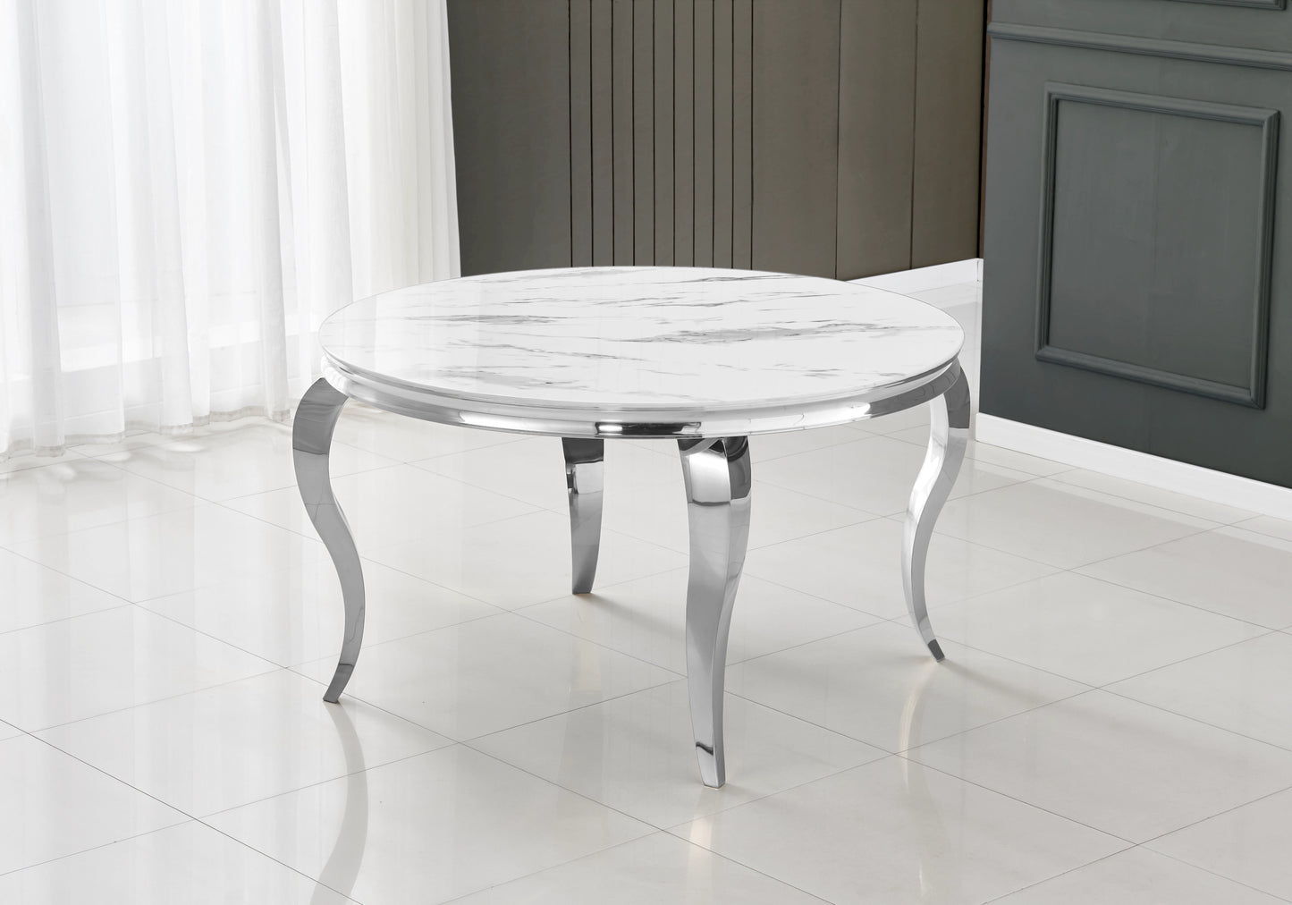 Table à manger ronde marbre blanc pieds argentés – NEO