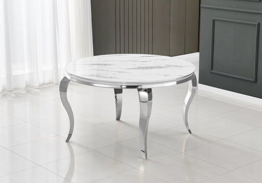 Table à manger ronde marbre blanc pieds argent – Neo