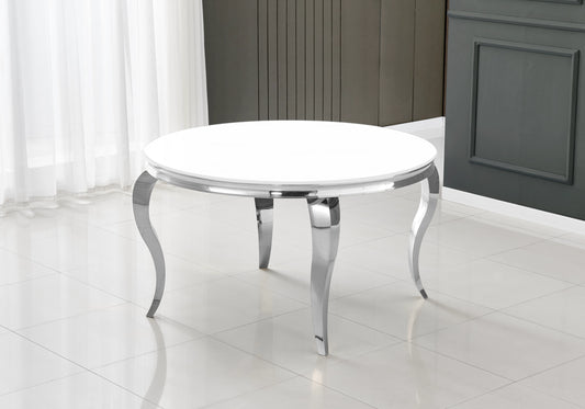 Table à manger ronde verre blanc pieds argent – Neo