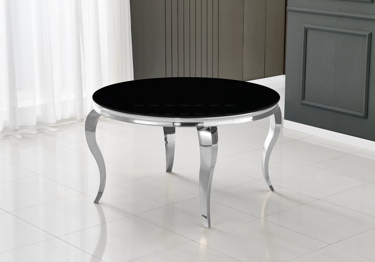 Table ronde verre noir et chaises taupe argentés – NEO