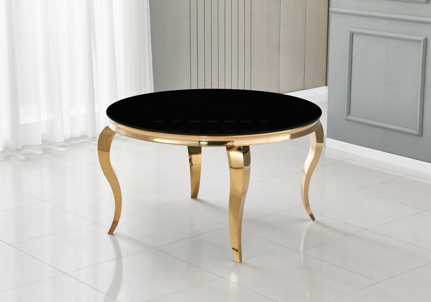 Table ronde verre noir et chaises ardoise dorée – NEO