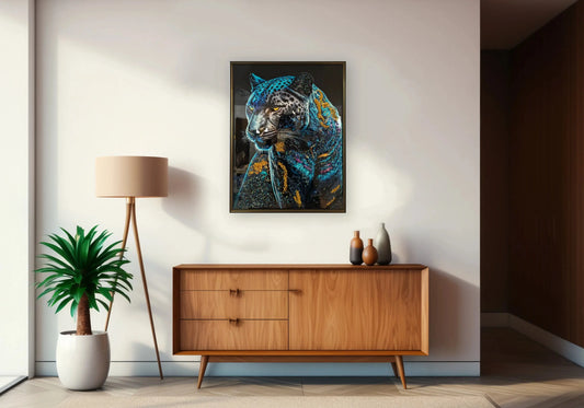 Tableau panthère bleue cristaux dorés – KAZAN Galerie du Mobilier