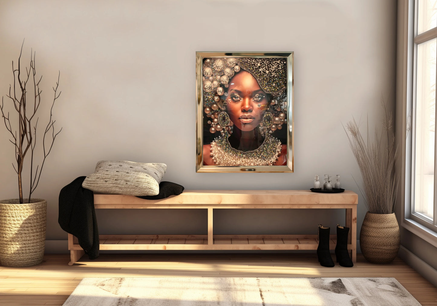 Tableau femme africaine perles cristaux dorés – AMARA