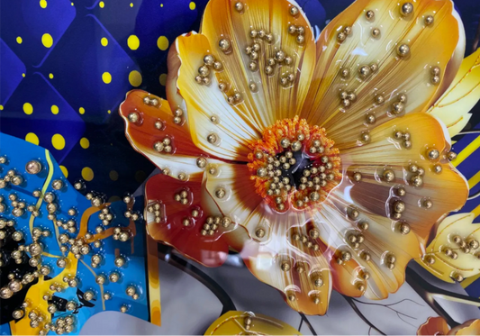 Tableau mural fleurs bleues perles dorées – VELORA