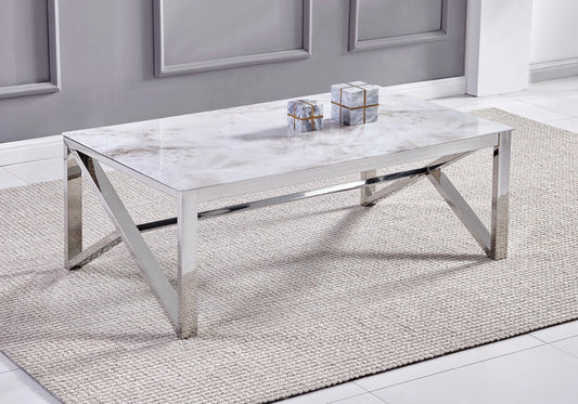 Table Basse MOLY: élégance en marbre beige et chrome.
