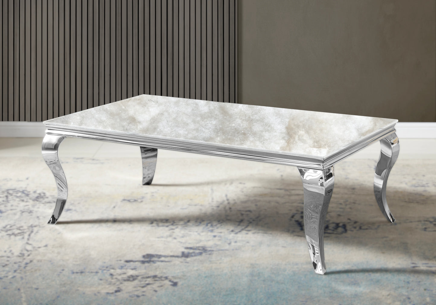 Table marbre beige et chaises velours gris argent – NEO