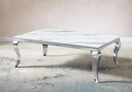 Table basse marbre blanc pied argent - NEO