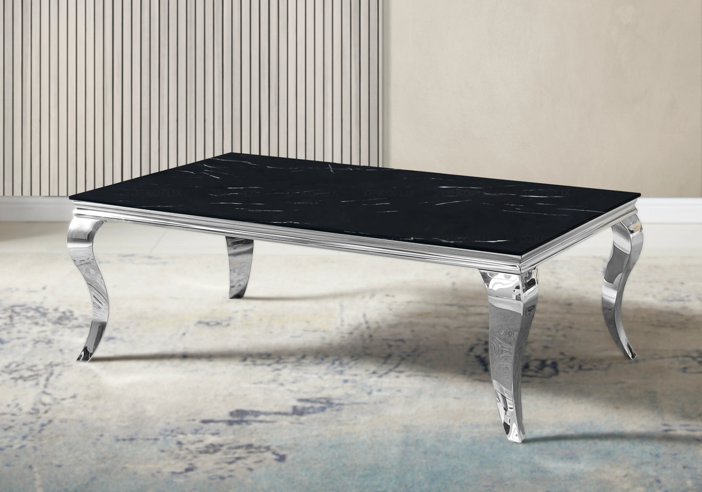 Table marbre noir et chaises velours noir argent - NEO