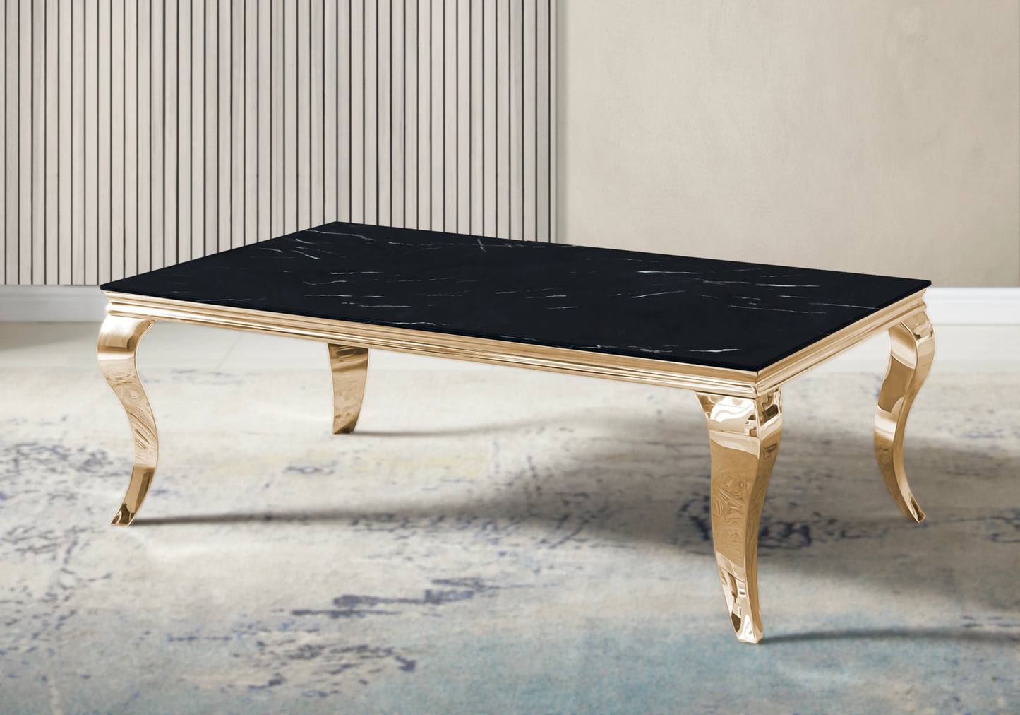 Salle à manger marbre noir chaises simili-cuir blanc doré - NEO