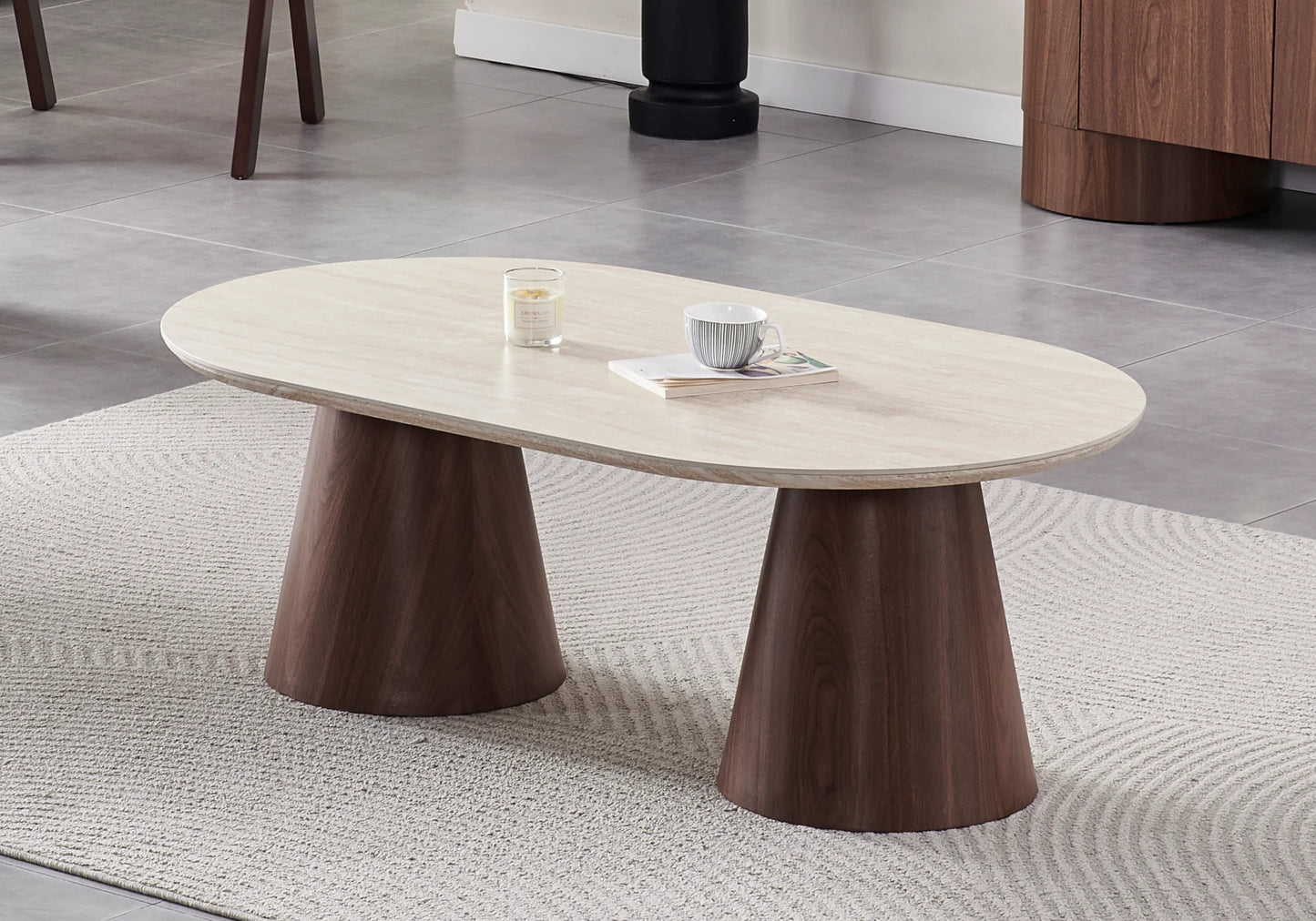 Ensemble table travertin et chaises noyer cannage - MONZA