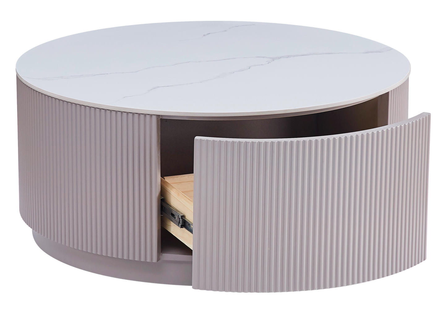 Table basse ronde marbre blanc bois avec tiroirs - LUCIA