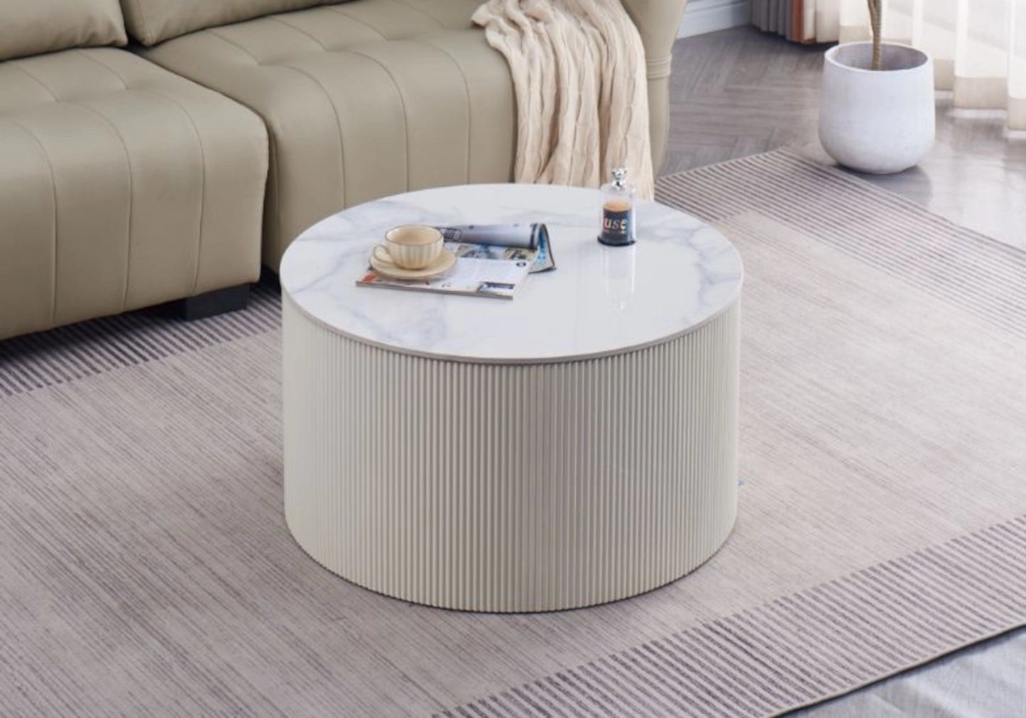 Table basse ronde marbre blanc cannelée beige - ARIEL