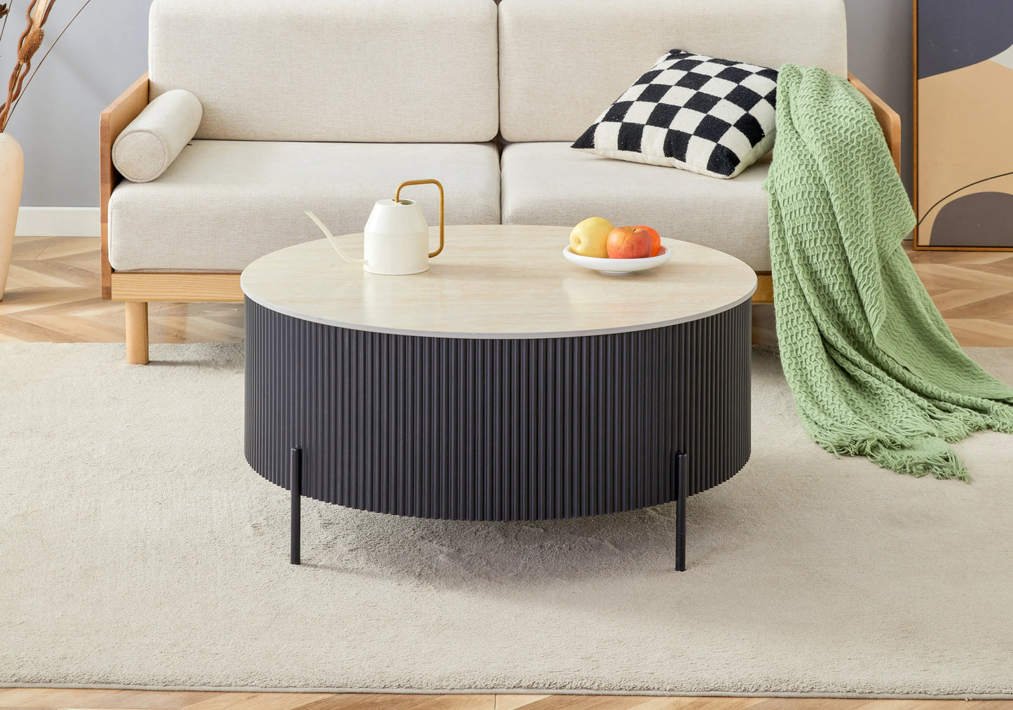 Table basse ronde travertin pied cannelé noir - LIRA