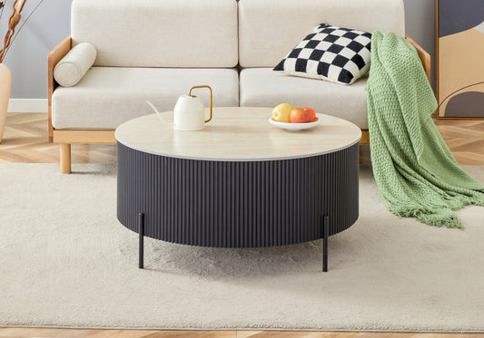 Table basse ronde travertin pied cannelé noir - LIRA