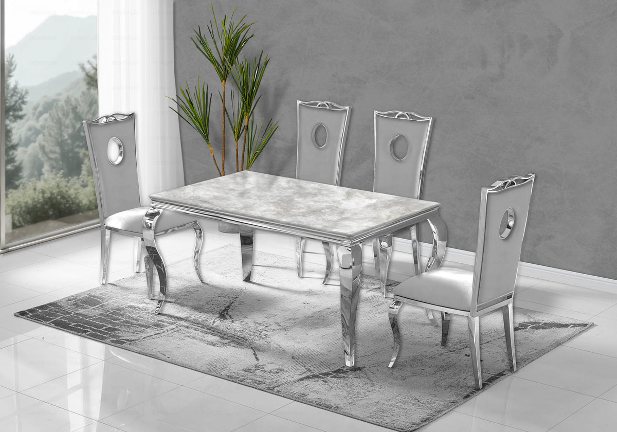 Ensemble table marbre beige et 4 chaises argent – Neo