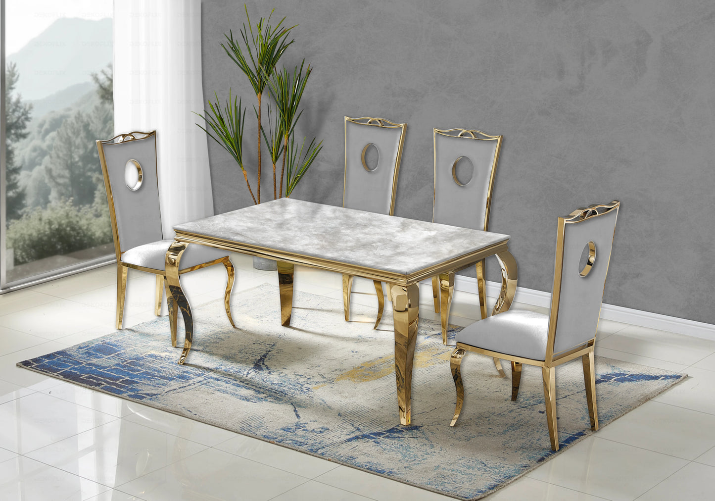 Salle à manger marbre beige chaises velours gris doré - NEO