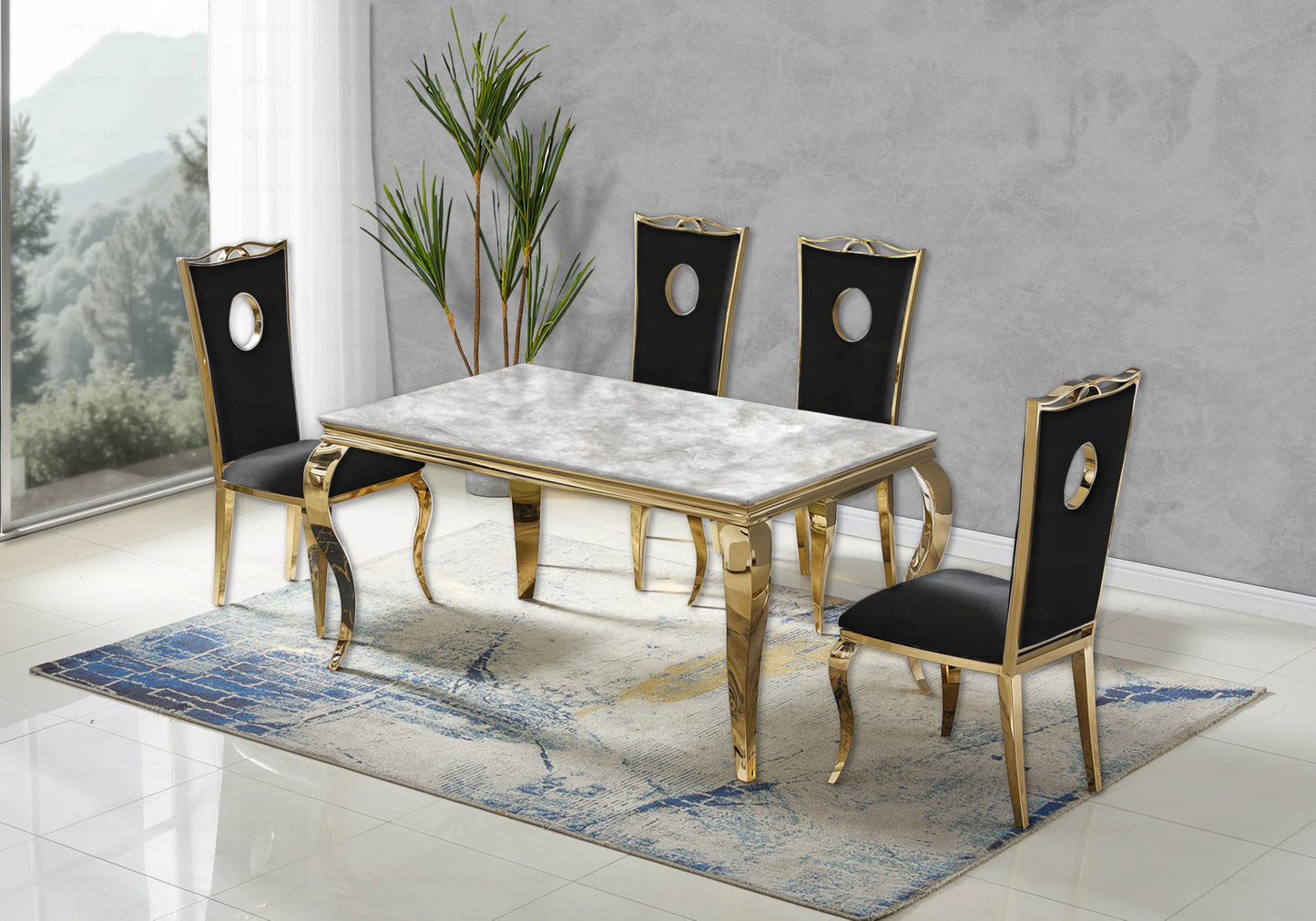 Table marbre beige et chaises velours noir doré – NEO