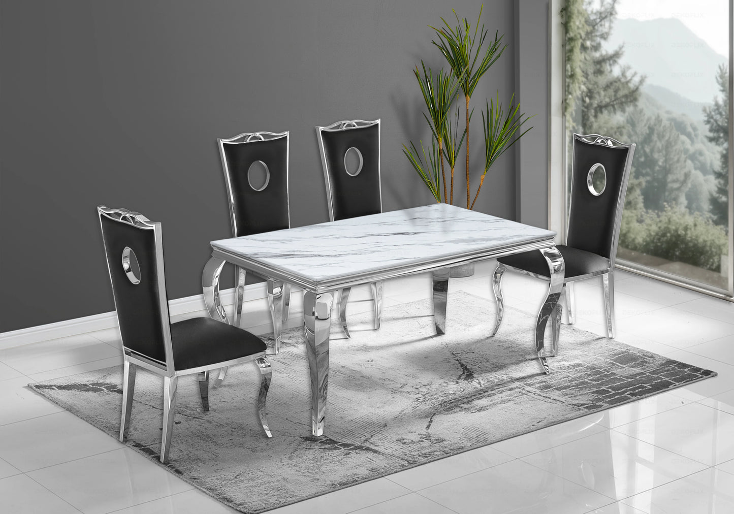 Table marbre blanc et chaises simili-cuir noir argent – NEO