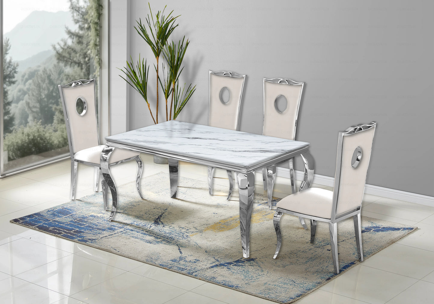 Table à manger rectangulaire marbre blanc argent – Neo