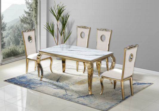 Salle à manger marbre blanc chaises velours beige doré - NEO